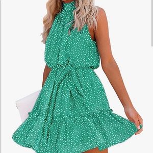 Halter Neck Polka Dot Green Dress